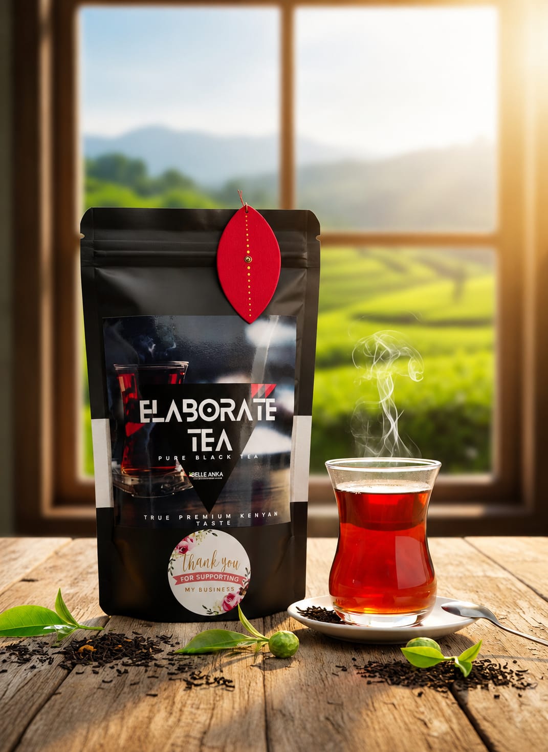 Pure Black Tea pouch on a sill above Kenyan tea fields