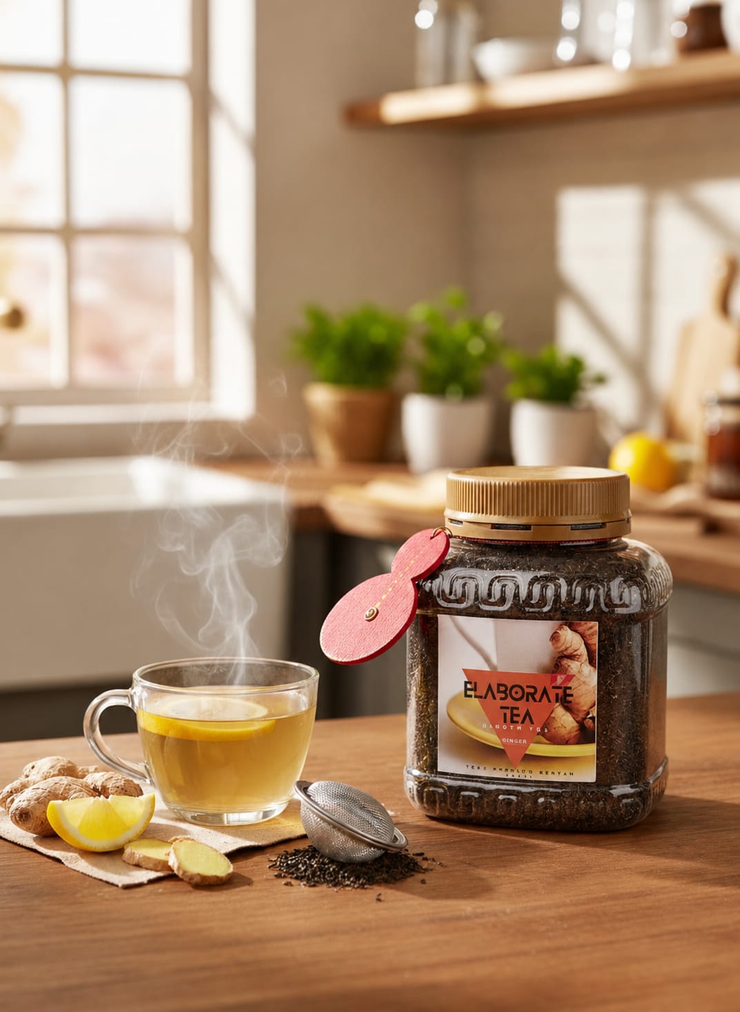 Ginger Tea jar with lemon and ginger in a sunlit kitchen