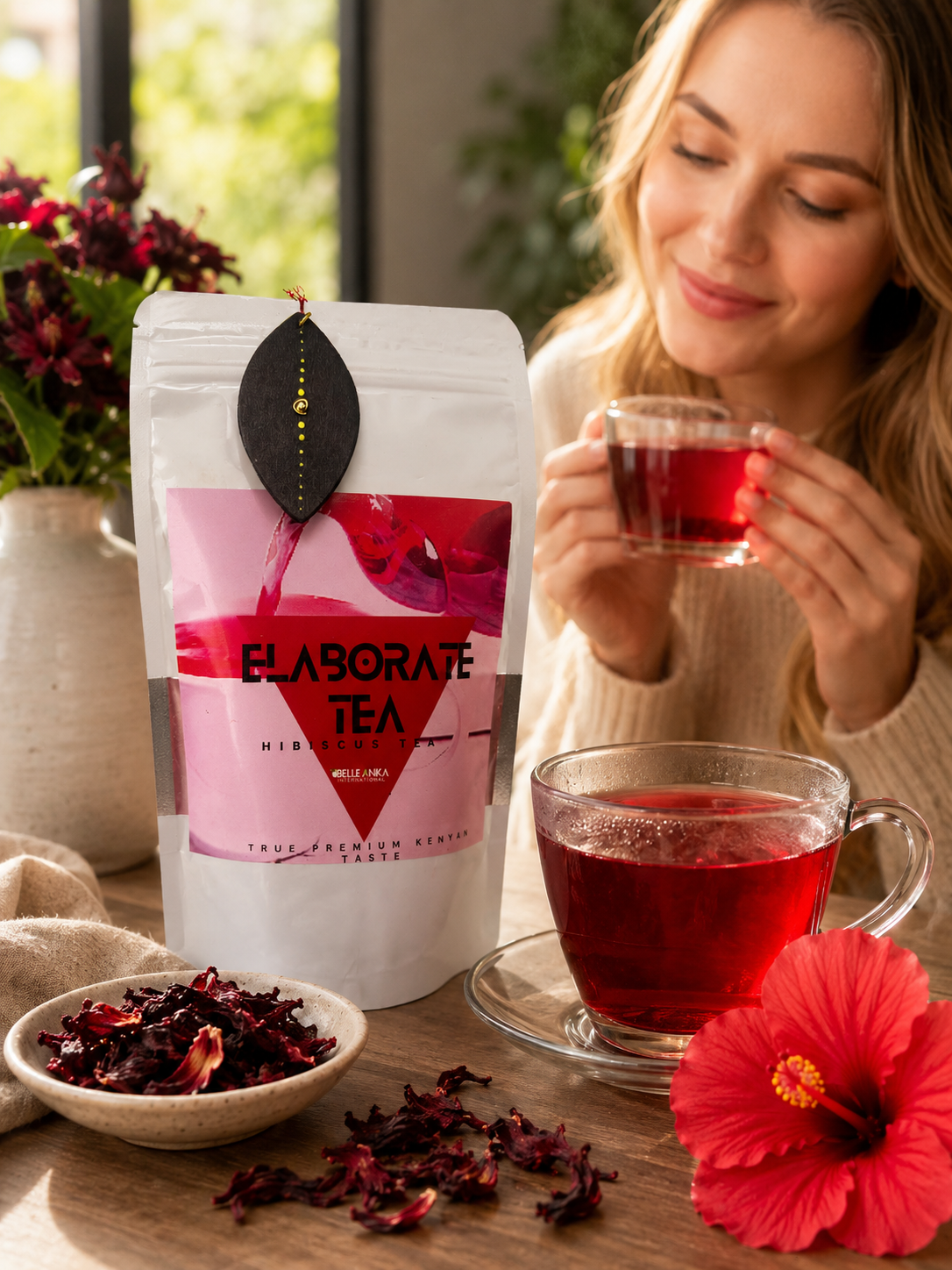 Hibiscus Tea pouch beside a ruby-red infusion