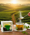 Elaborate Tea Green Tea box beside a glass cup with Kenyan tea fields at sunrise