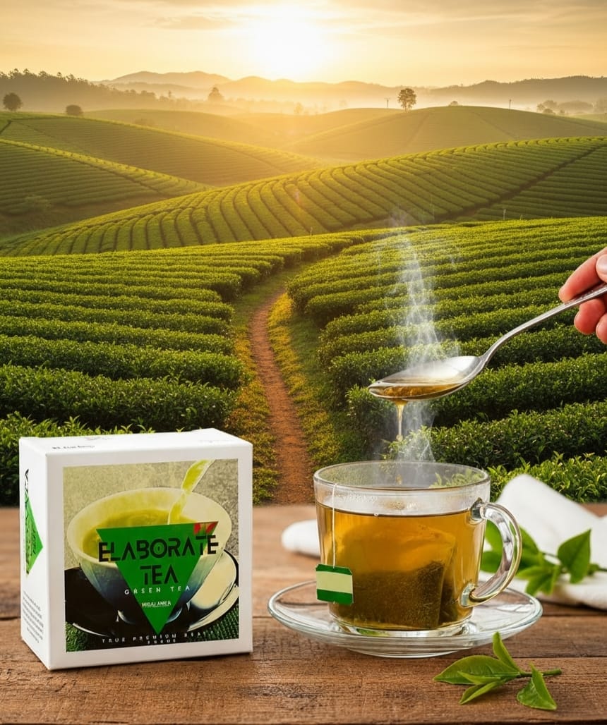 Elaborate Tea Green Tea box beside a glass cup with Kenyan tea fields at sunrise